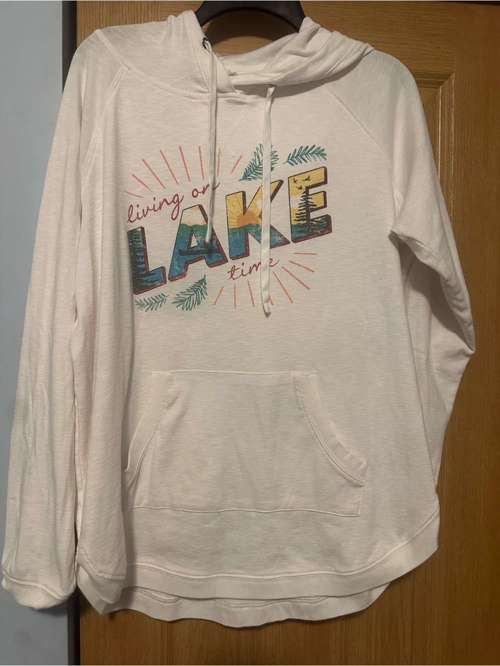 Living on Lake Time Hooded Pullover Sweatshirt - White with Multi-Color Graphic